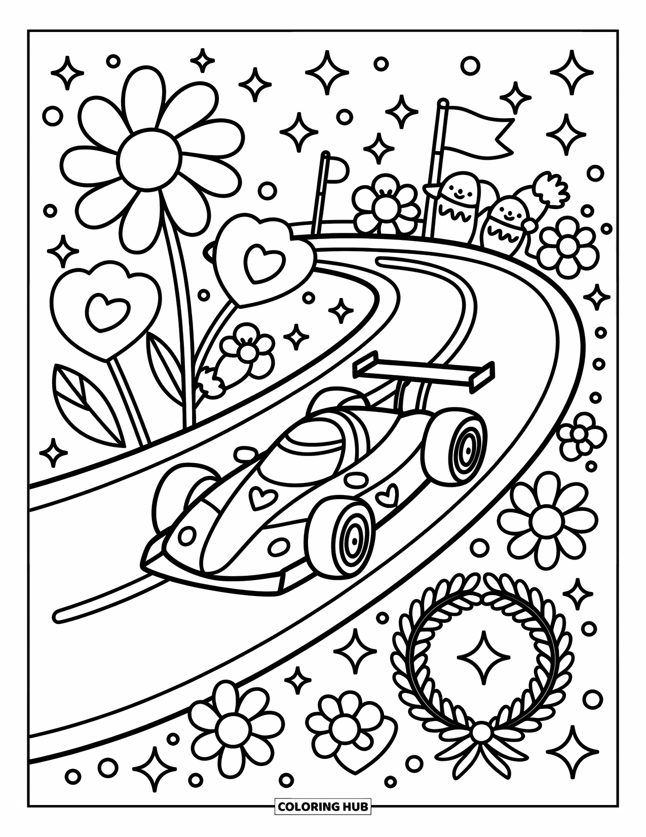 Car Coloring Page for Adults: A race car speeds on a heart-shaped track with critters cheering and flowers all around
