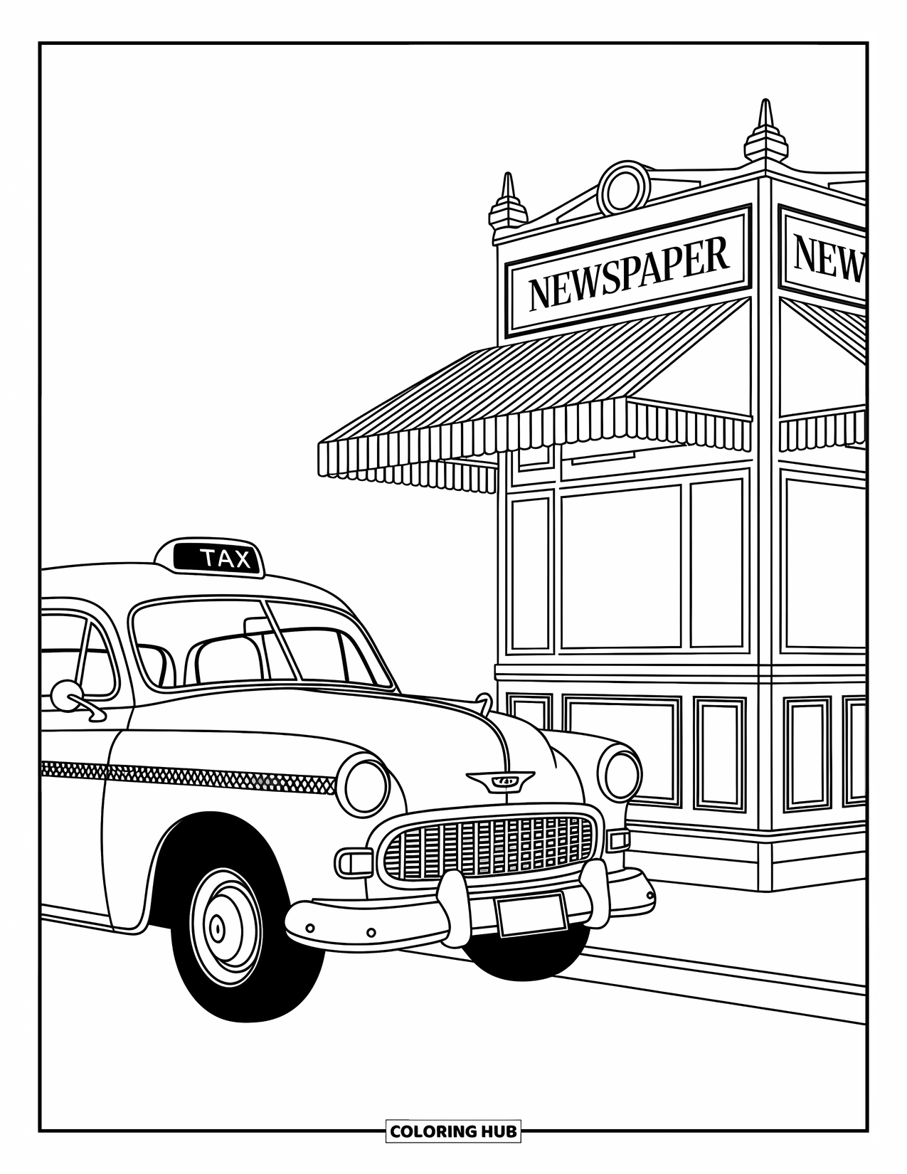 Car Coloring Page for Adults: A retro taxi pauses by a vintage newspaper kiosk with curved awnings