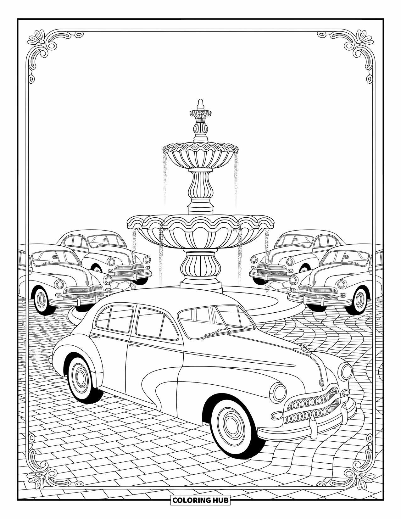 Car Coloring Page for Adults: A row of vintage cars circles a fountain in a charming cobblestone plaza