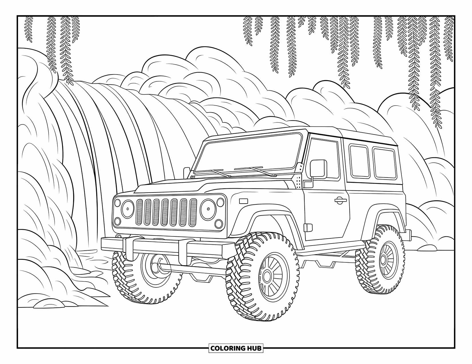 Car Coloring Page for Adults: A rugged car sits near a waterfall, surrounded by vines, rocks, and misty scenery