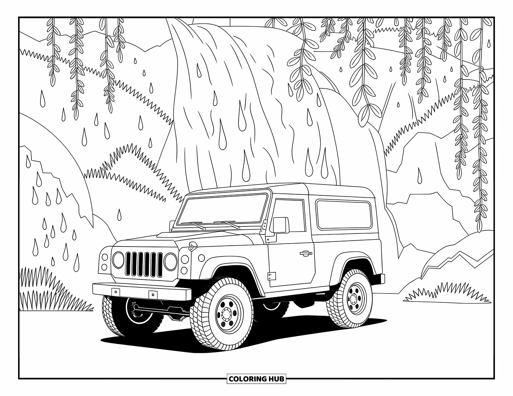 Car Coloring Page for Adults: A rugged vehicle near cascading water, surrounded by rocks and flowing jungle vines