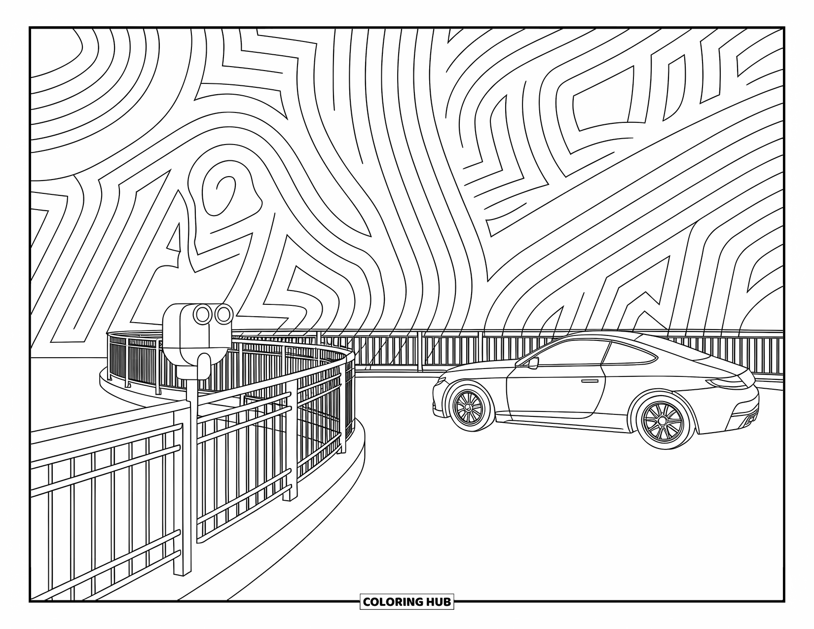 Car Coloring Page for Adults: A single car rests at a scenic overlook with binoculars and railing in view