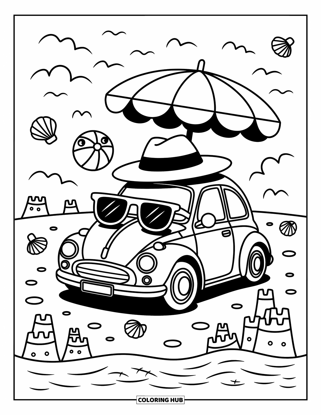 Car Coloring Page for Adults: A smiling car in shades and a sunhat relaxes under a parasol on a bubbly beach