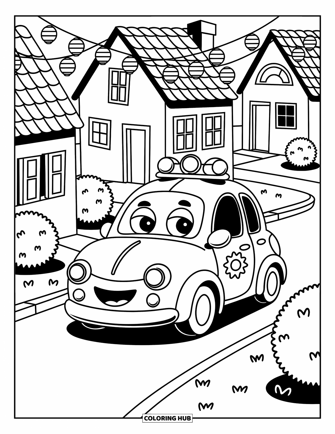 Car Coloring Page for Adults: A smiling police car passes small houses, bushes, and lanterns along a quiet street