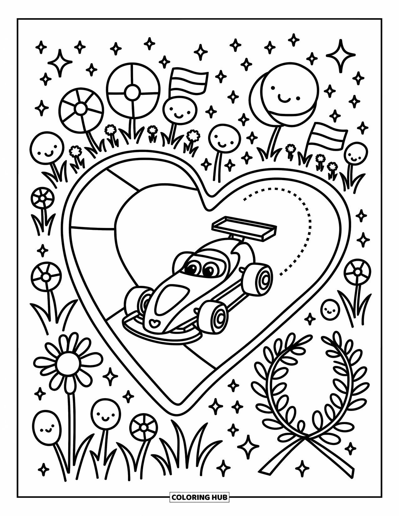 Car Coloring Page for Adults: A speedy car races along a heart track as critters cheer with pom-poms and sparkles