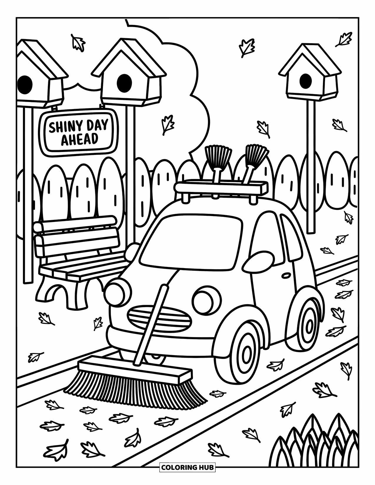 Car Coloring Page for Adults: A street-cleaning car sweeps along a leafy path beside birdhouses and a round bench