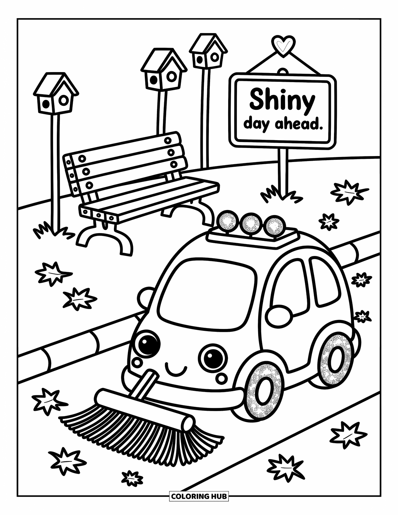 Car Coloring Page for Adults: A street-cleaning car sweeps gently past fallen leaves near birdhouses and a playful bench
