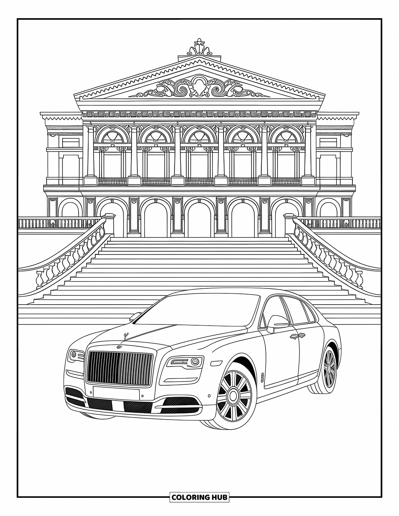 Car Coloring Page for Adults: A stylish sedan rests before an opera house with ornate architectural details