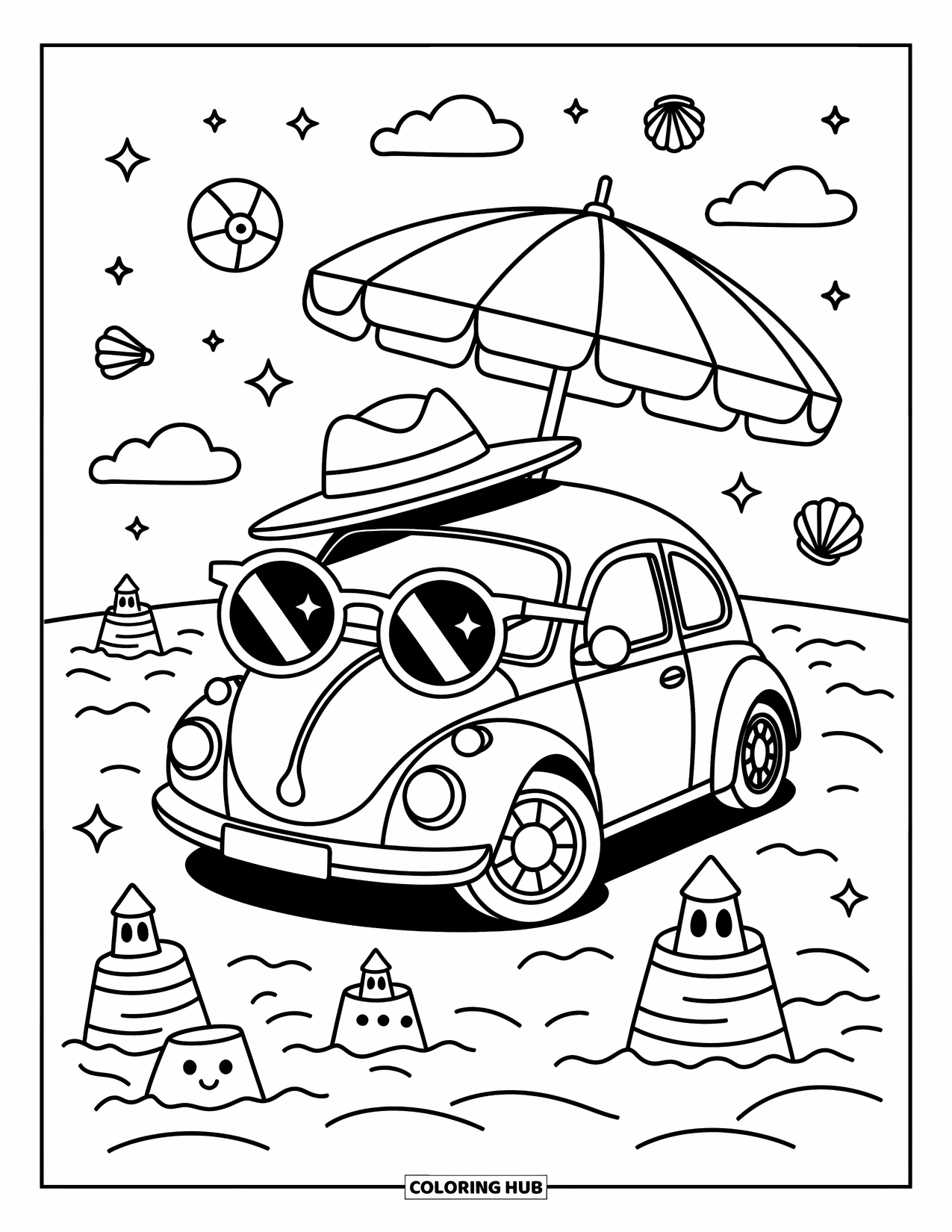 Car Coloring Page for Adults: A sunny car in shades lounges at the beach under a parasol with seashells and waves