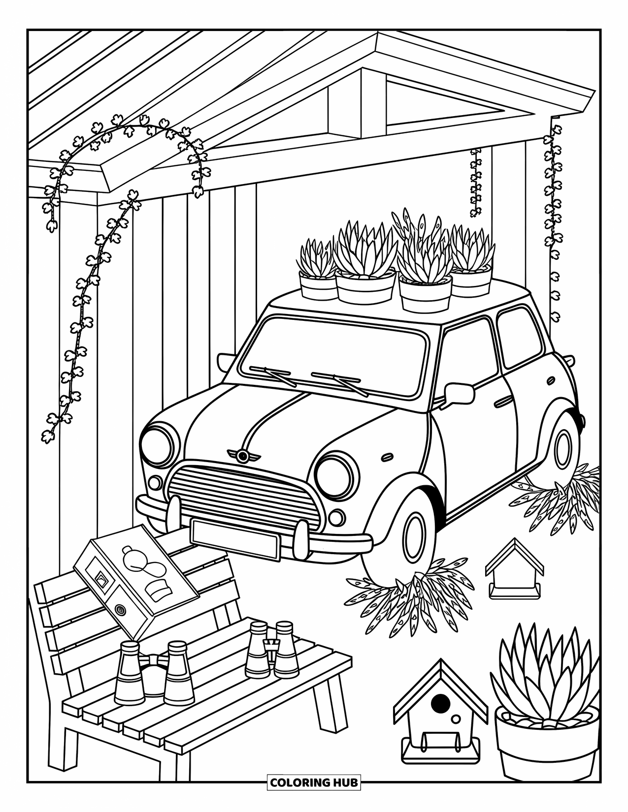 Car Coloring Page for Adults: A tiny car in a rooftop garden with succulents, ivy, and a bench full of charm