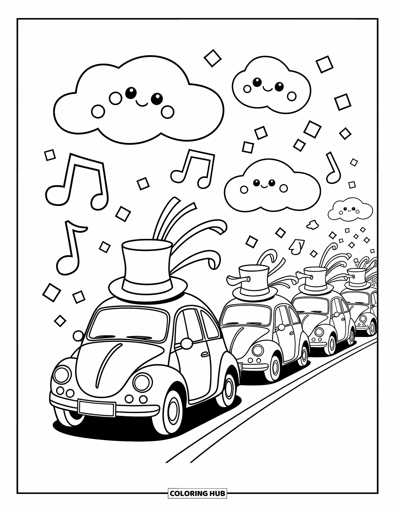 Car Coloring Page for Adults: A tiny car in a top hat leads a joyful parade of ribbon-covered mini vehicles