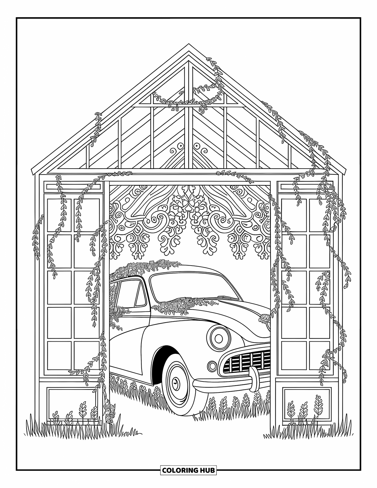 Car Coloring Page for Adults: A vintage car surrounded by wildflowers inside a forgotten greenhouse with broken glass