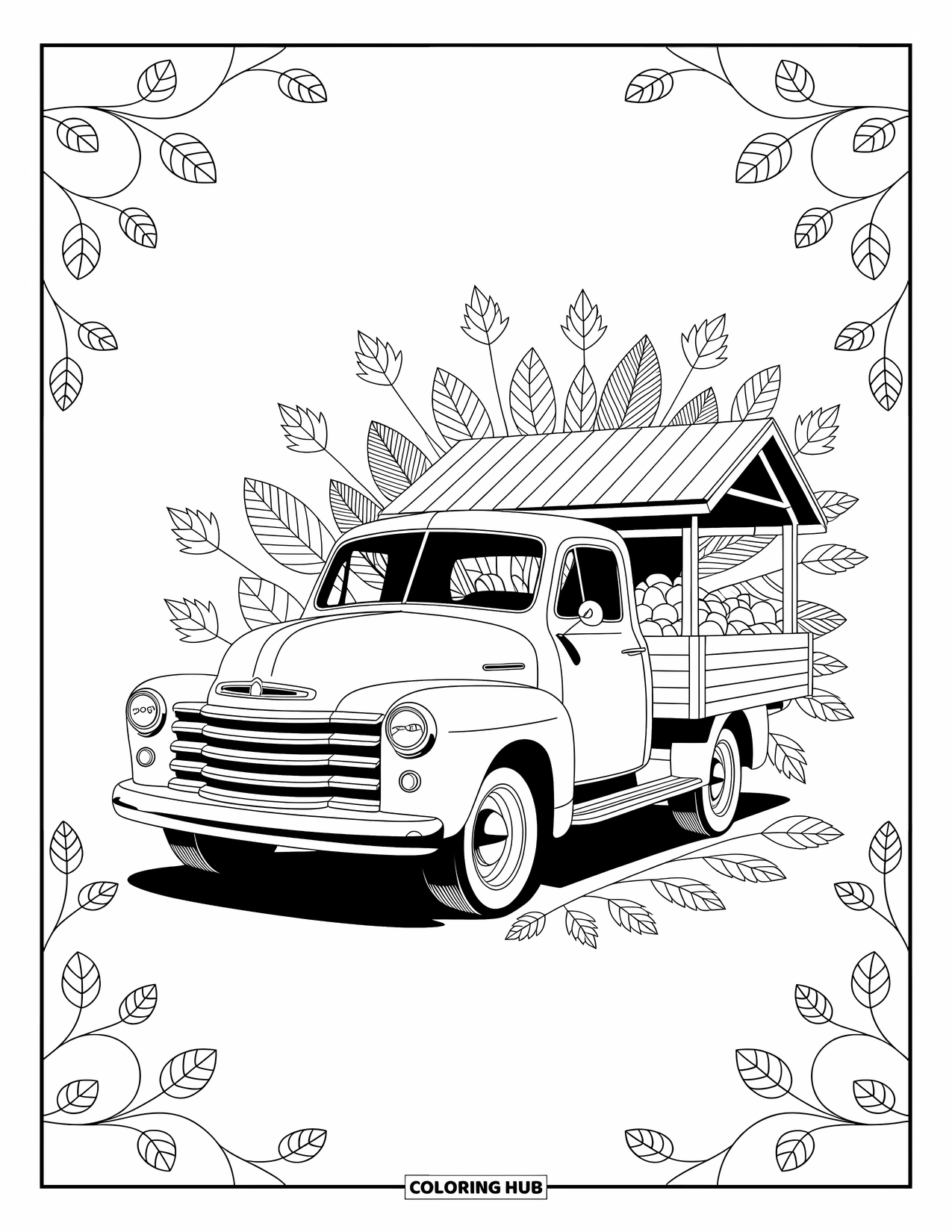 Car Coloring Page for Adults: A vintage pickup truck near a wooden stand surrounded by swirling autumn leaves
