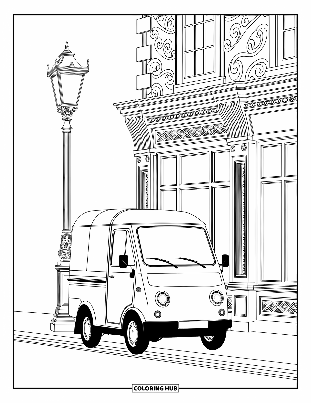 Car Coloring Page for Adults: A vintage-style vehicle near a bookshop and ornate lamppost in a cozy street scene