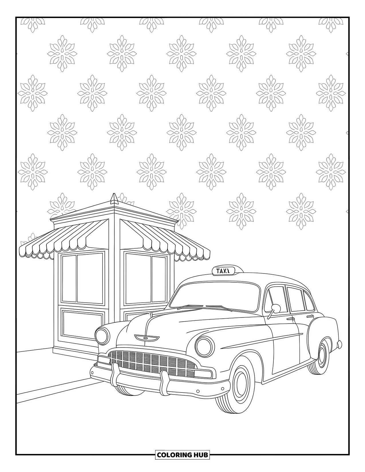 Car Coloring Page for Adults: An old-fashioned taxi stands beside a patterned newspaper kiosk with artistic charm