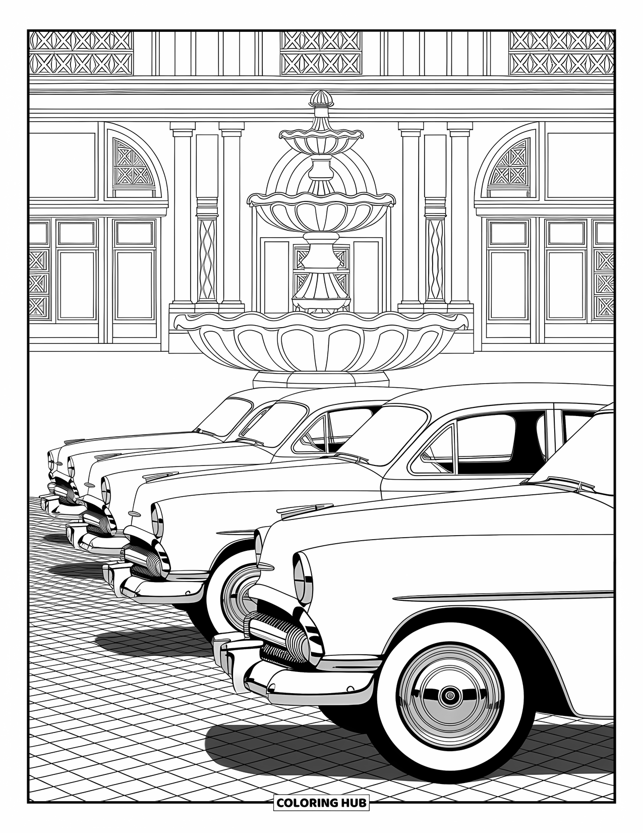Car Coloring Page for Adults: Antique cars line a cobblestone plaza with an ornate fountain in the center