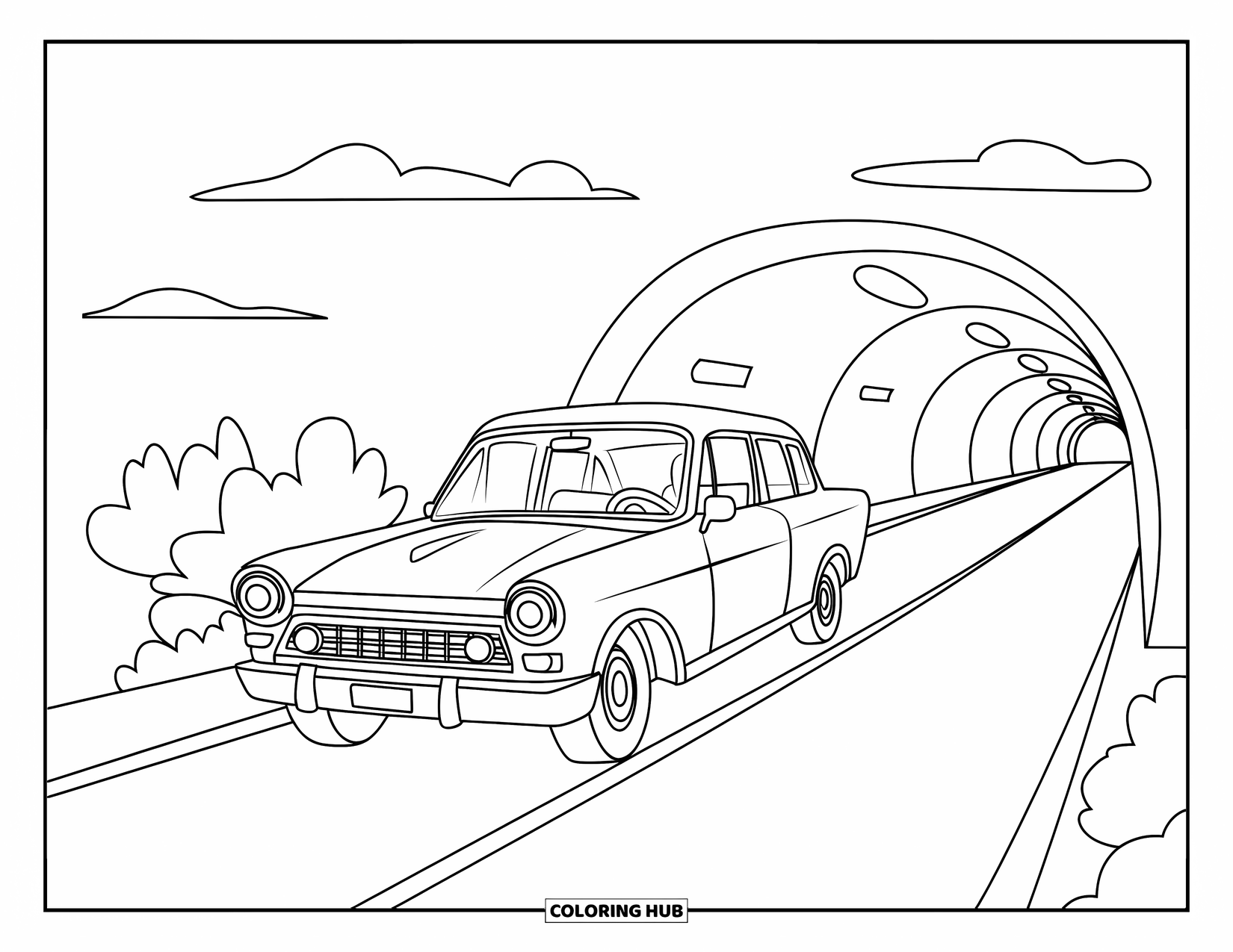 Car Coloring Page for Kids: A boxy car heads into a tunnel with trees and clouds in the distance