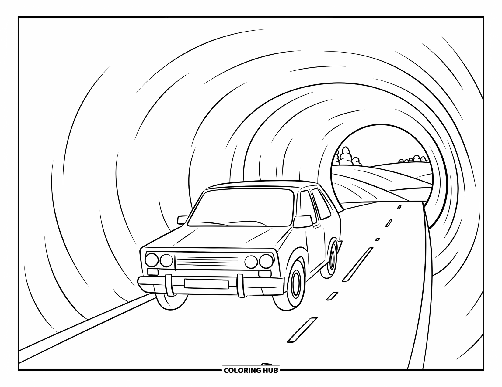 Car Coloring Page for Kids: A car enters a curvy tunnel on a quiet road with hills and trees around
