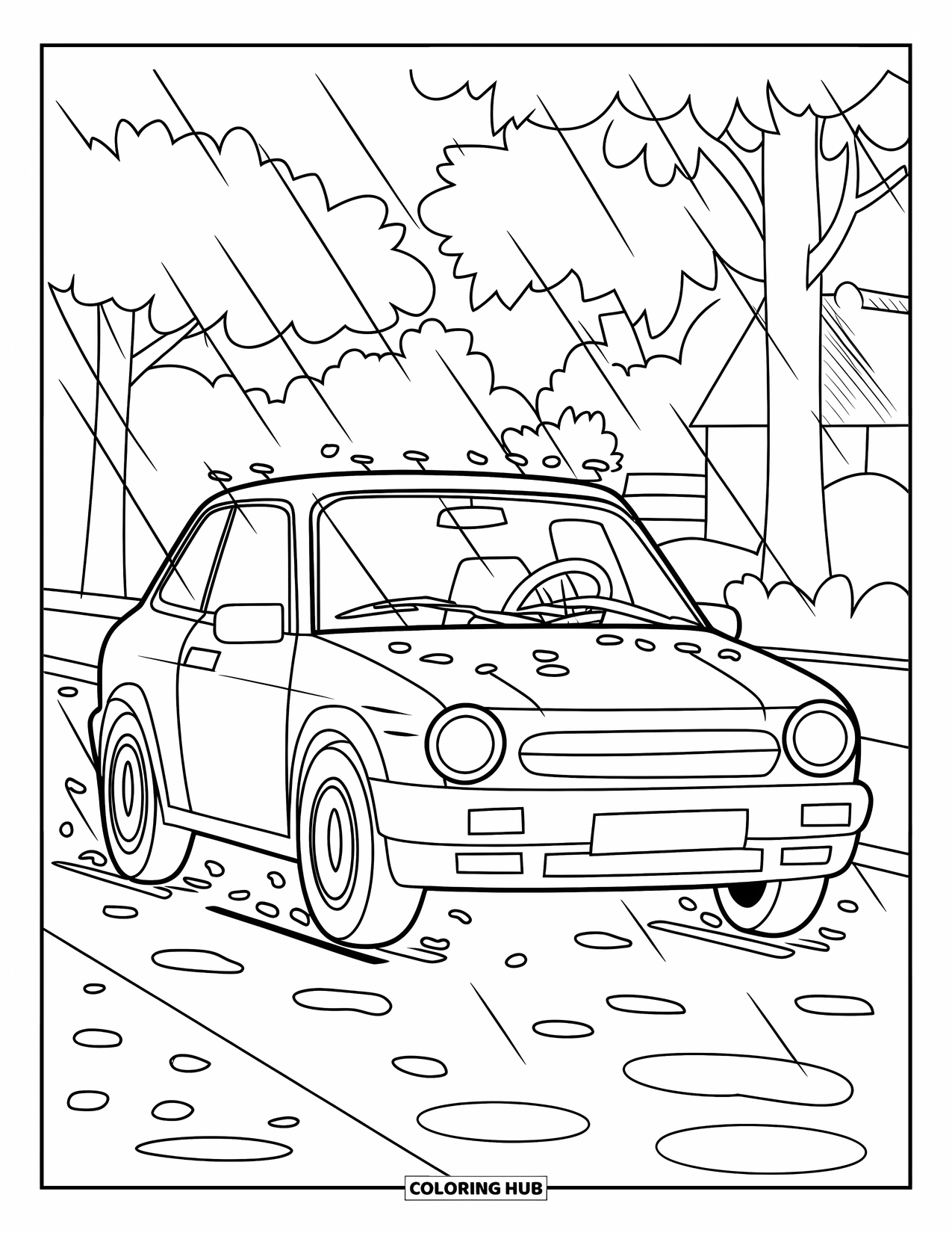 Car Coloring Page for Kids: A car splashes through puddles on a rainy road with a house nearby