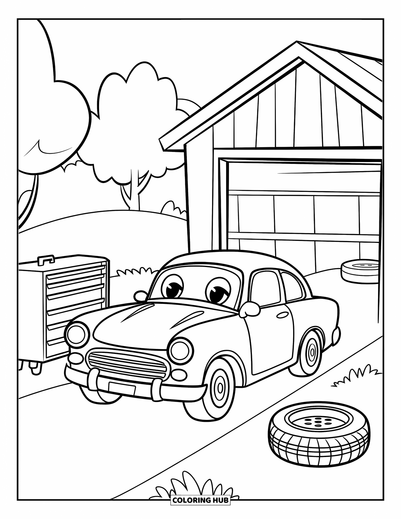 Car Coloring Page for Kids: A cheerful car approaches a garage with tools and trees in the background