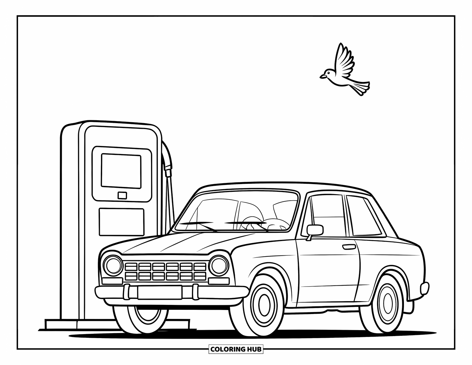 Car Coloring Page for Kids: A cheerful car waits by a gas pump under a clear sky with a bird overhead