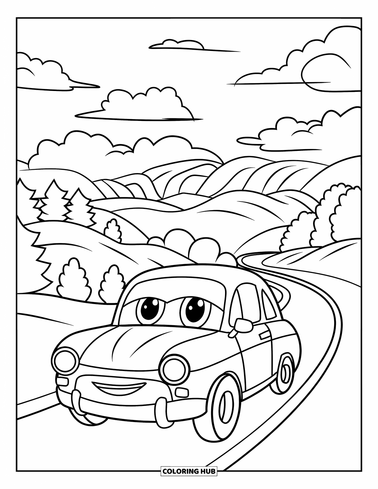 Car Coloring Page for Kids: A cheerful car with big eyes cruises through a hilly valley with trees and soft clouds