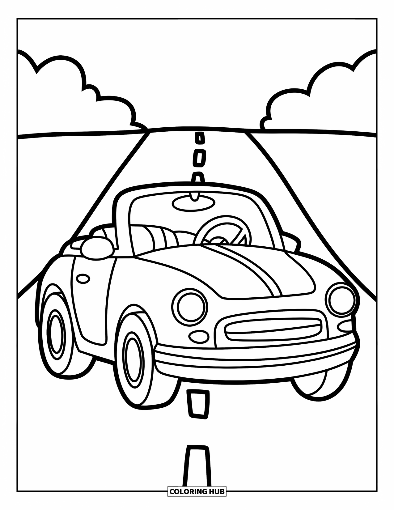 Car Coloring Page for Kids: A cheerful convertible cruises down a quiet road that stretches toward the horizon