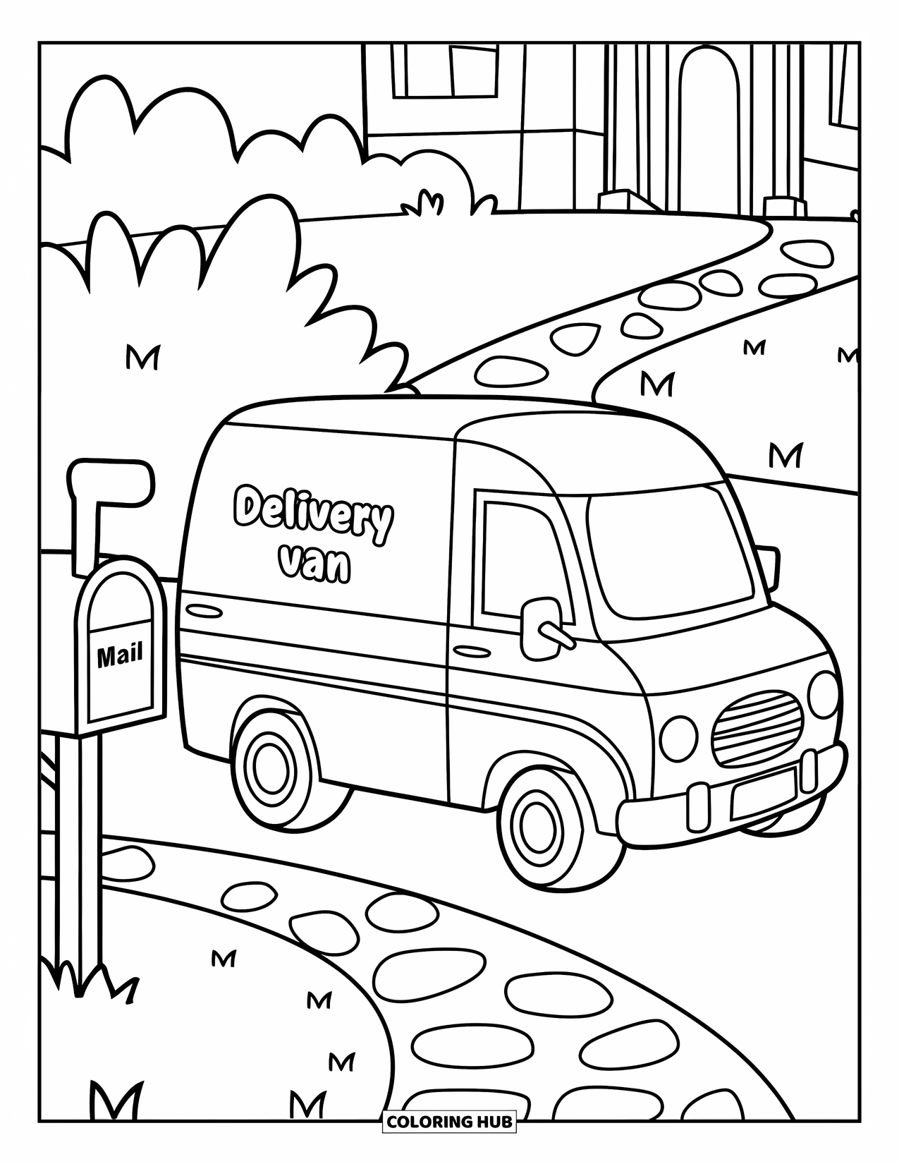 Car Coloring Page for Kids: A cheerful delivery van parks near a stone path and a mailbox marked "Mail"