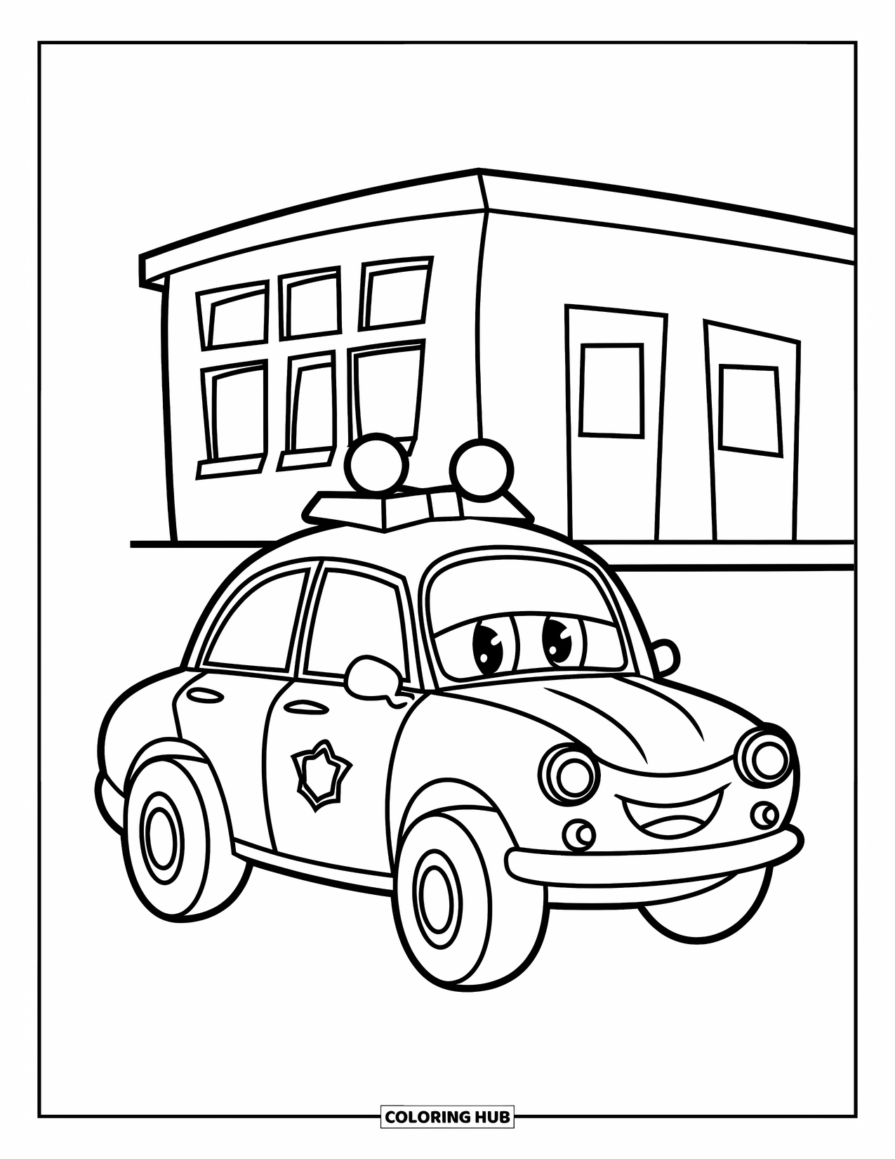 Car Coloring Page for Kids: A cheerful police car with big wheels stands near a simple building with windows
