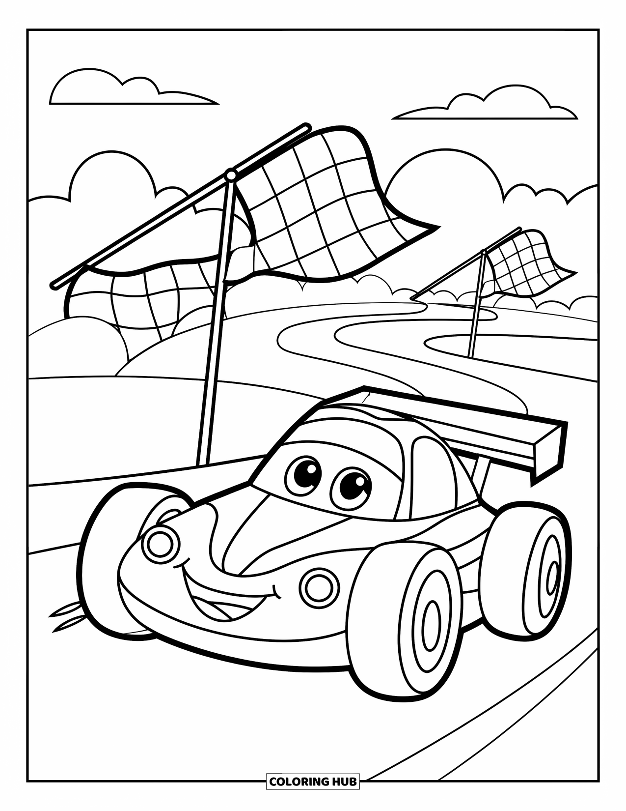 Car Coloring Page for Kids: A cheerful race car zooms across a track with big flags and fluffy clouds overhead