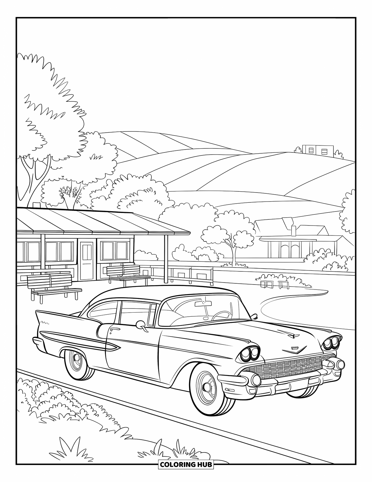 Car Coloring Page for Kids: A classic car rests near a roadside diner with hills, trees, and a peaceful landscape