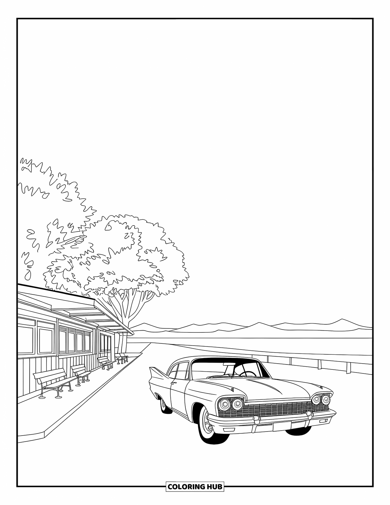 Car Coloring Page for Kids: A classic car stops at a diner with trees nearby and mountains in the background