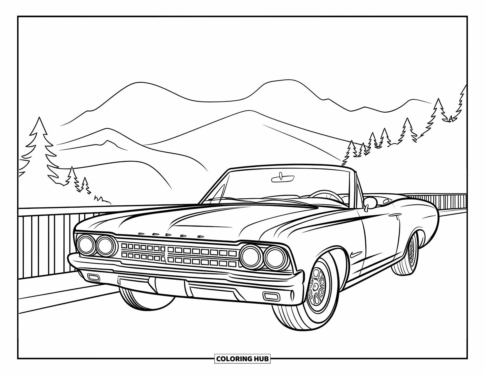 Car Coloring Page for Kids: A classic convertible with a white roof is parked at a mountain overlook with birds above