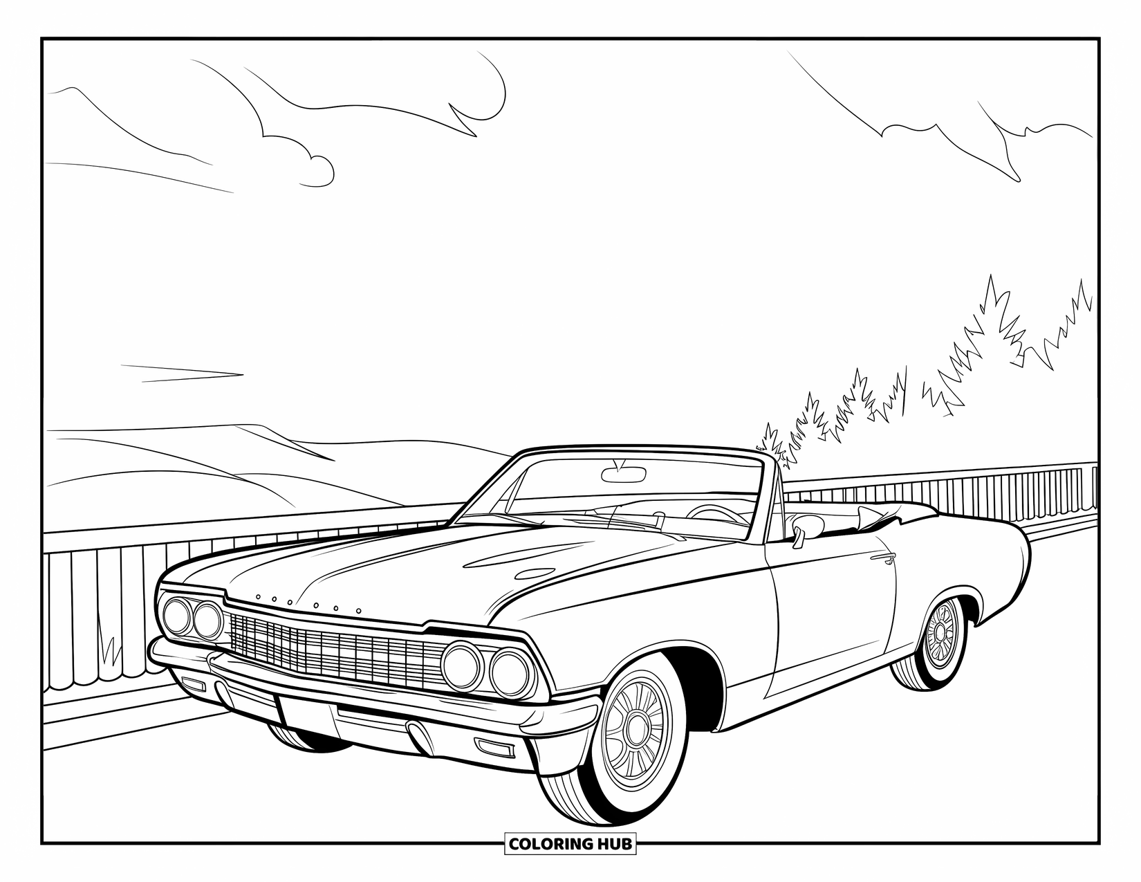 Car Coloring Page for Kids: A convertible car with its top down parks at a scenic overlook with birds in the sky