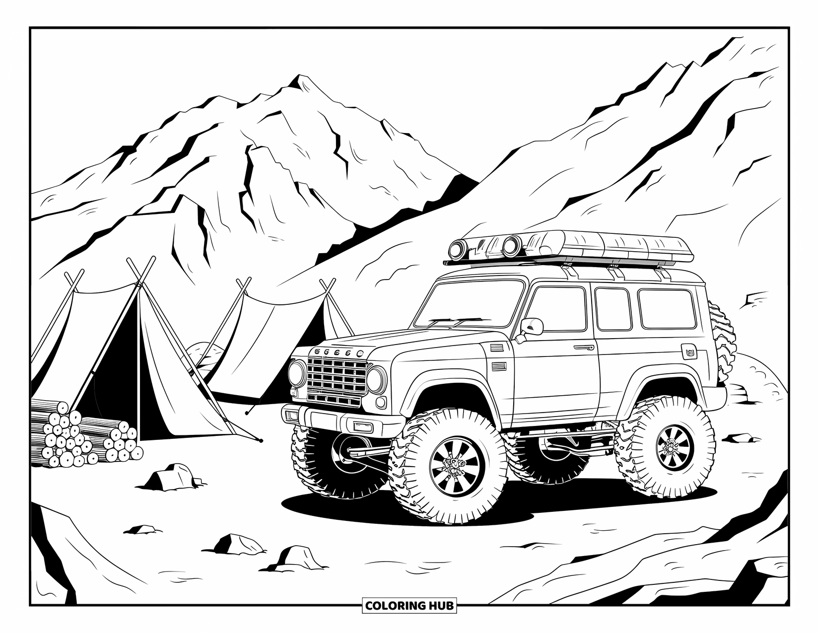 Car Coloring Page for Kids: A cool SUV is parked at a mountain campsite with tents, firewood, and rocky peaks