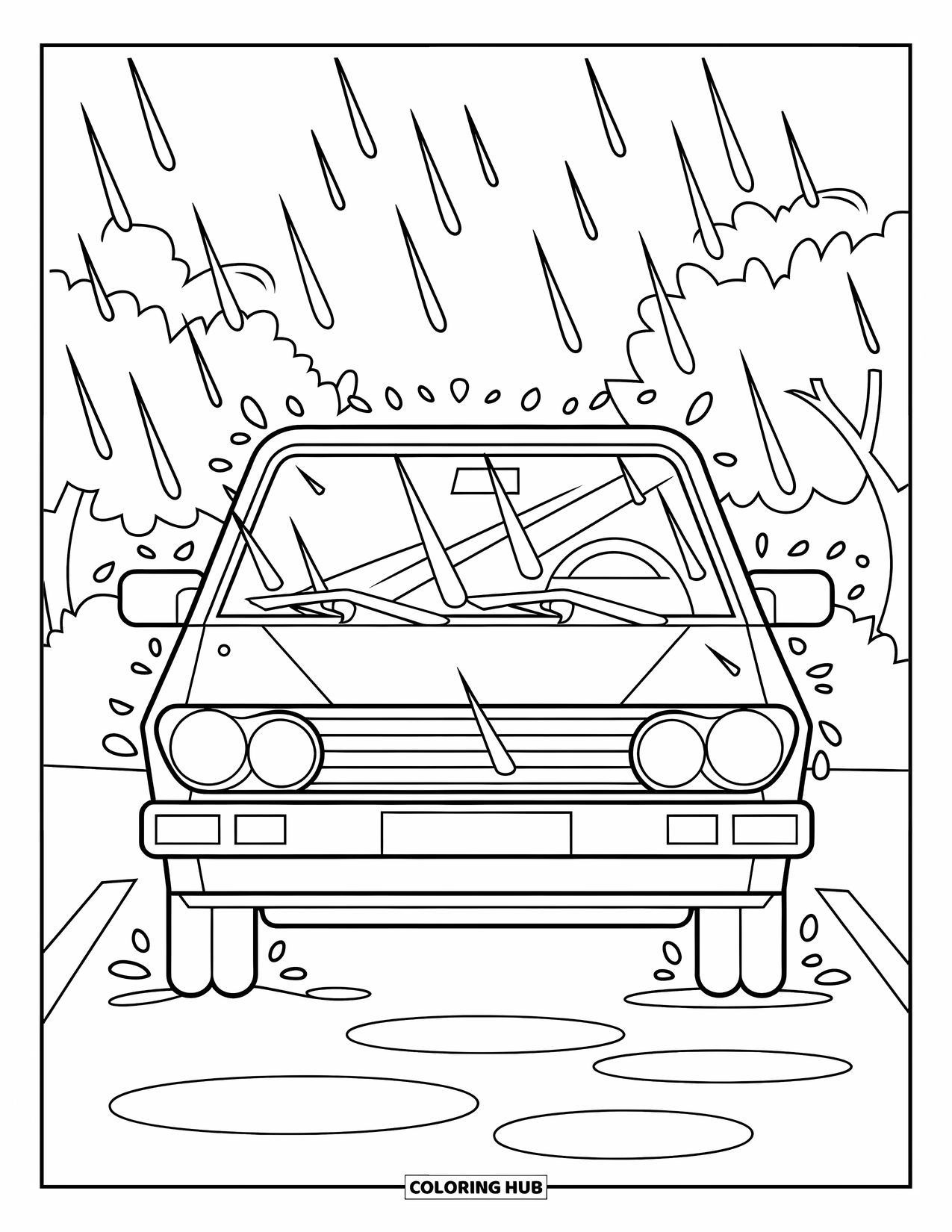 Car Coloring Page for Kids: A cozy car rides through the rain with wipers moving and trees in the background