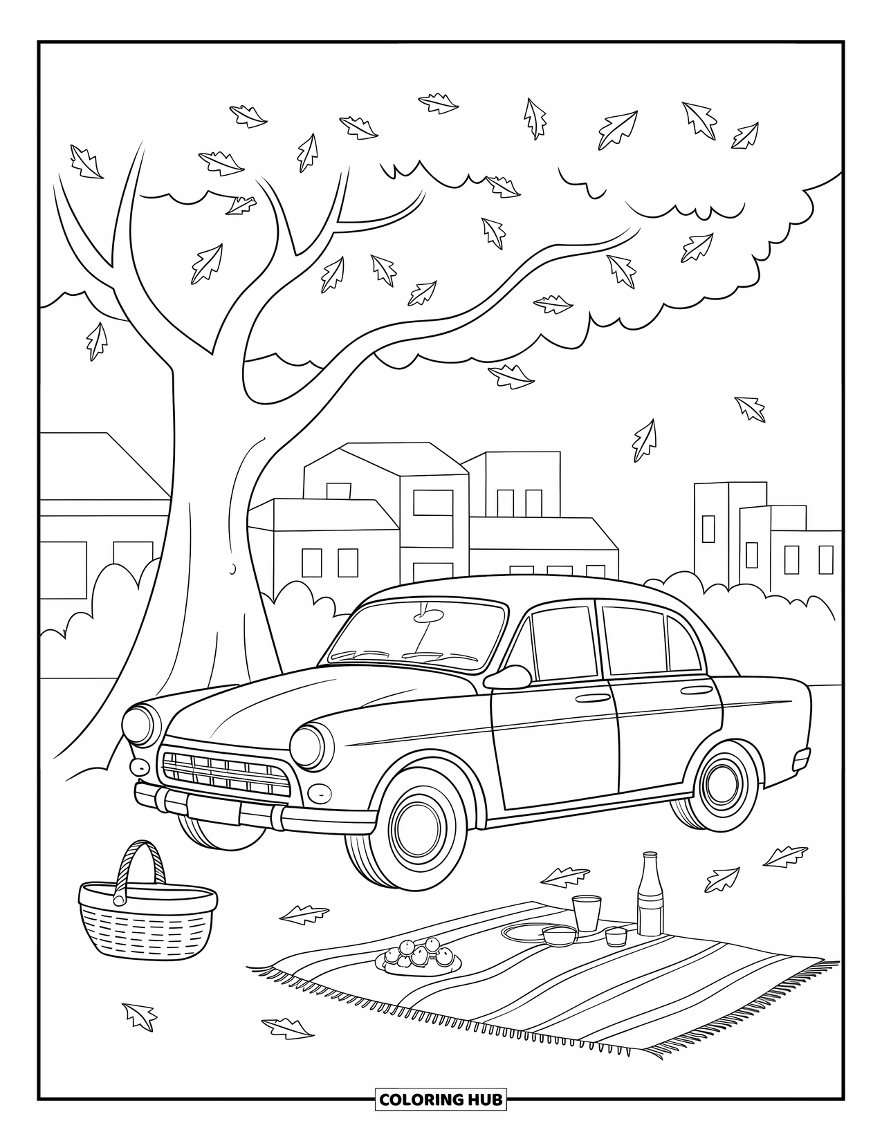 Car Coloring Page for Kids: A cozy picnic scene sits near a parked car and falling leaves under a tall tree