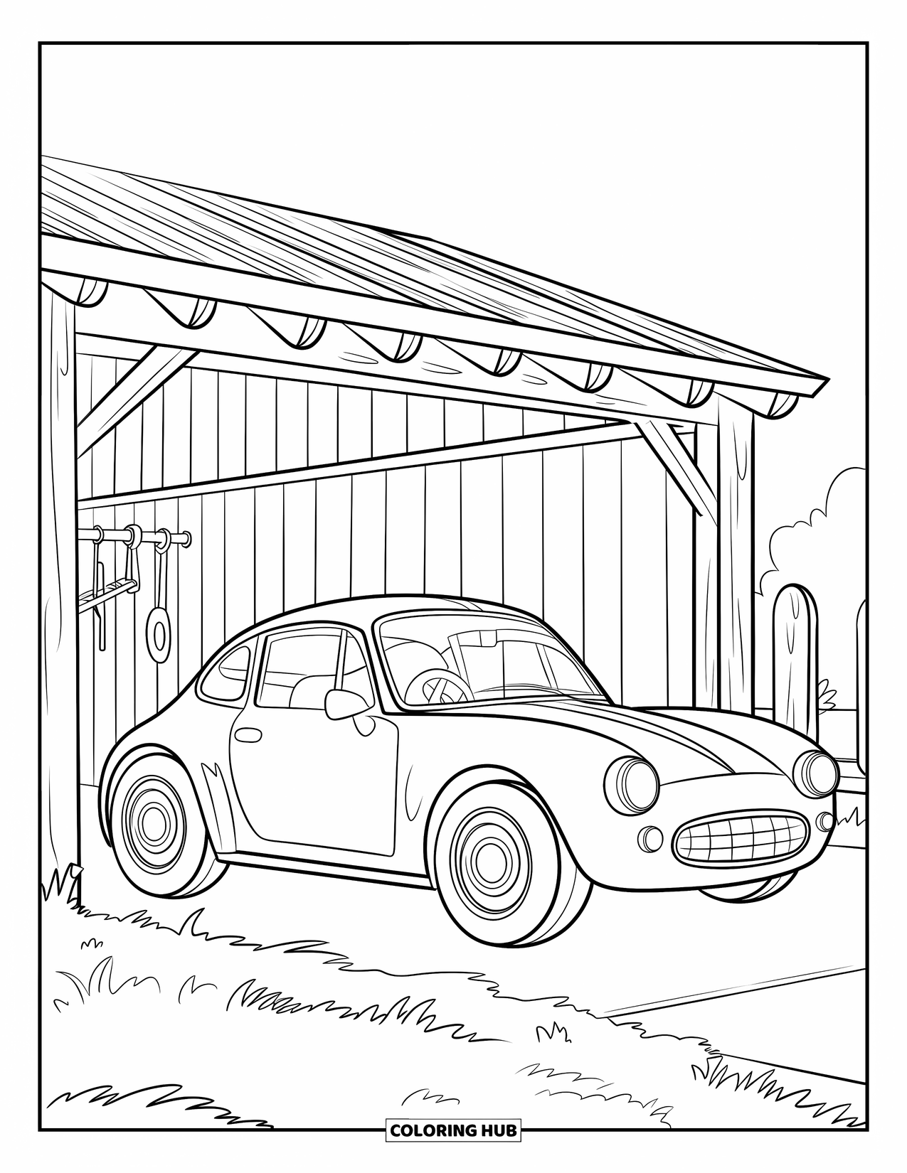 Car Coloring Page for Kids: A cozy sports car sits in a wooden garage with tools hanging on the wall