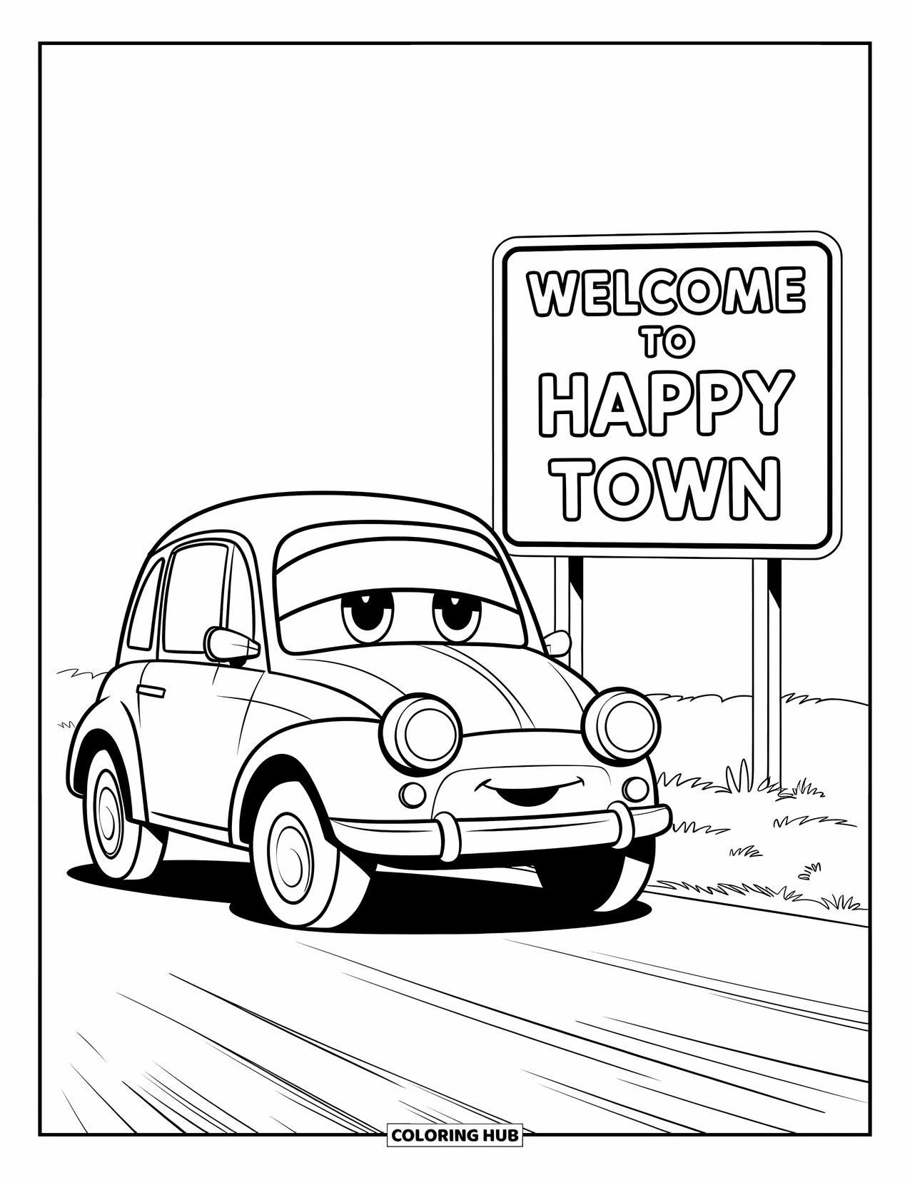 Car Coloring Page for Kids: A cute car with big headlights is parked near a sign that says "Welcome to Happy Town