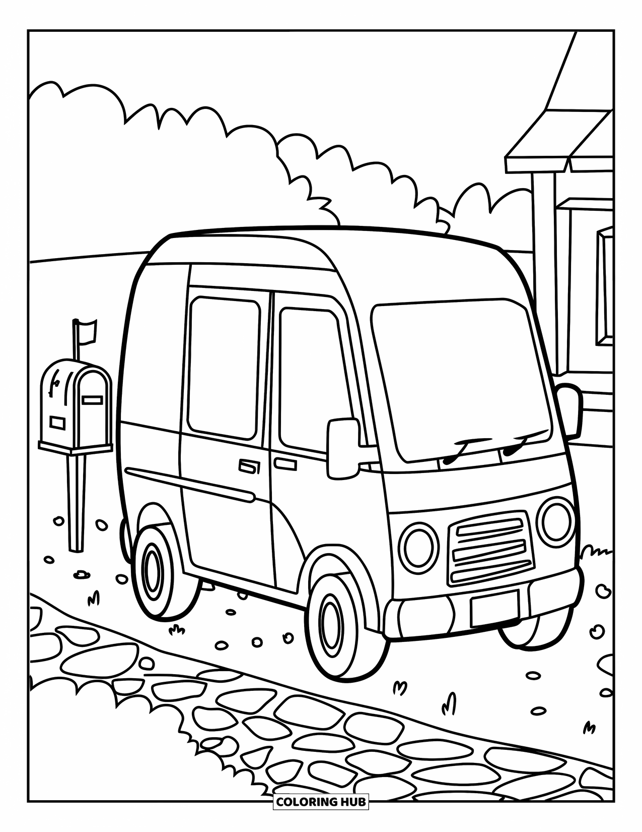 Car Coloring Page for Kids: A delivery van is parked beside a small mailbox with stones leading to a distant house