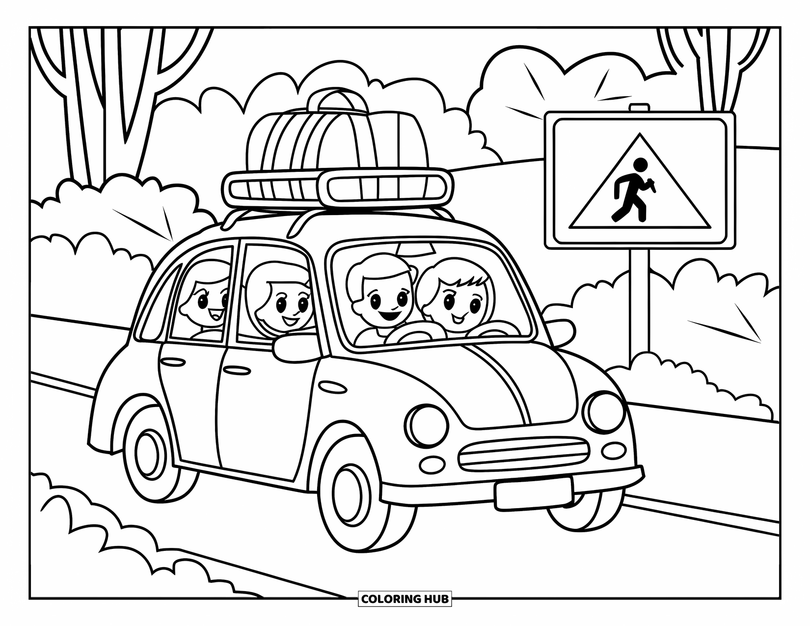 Car Coloring Page for Kids: A family car with luggage drives toward a hiking sign on a forest road