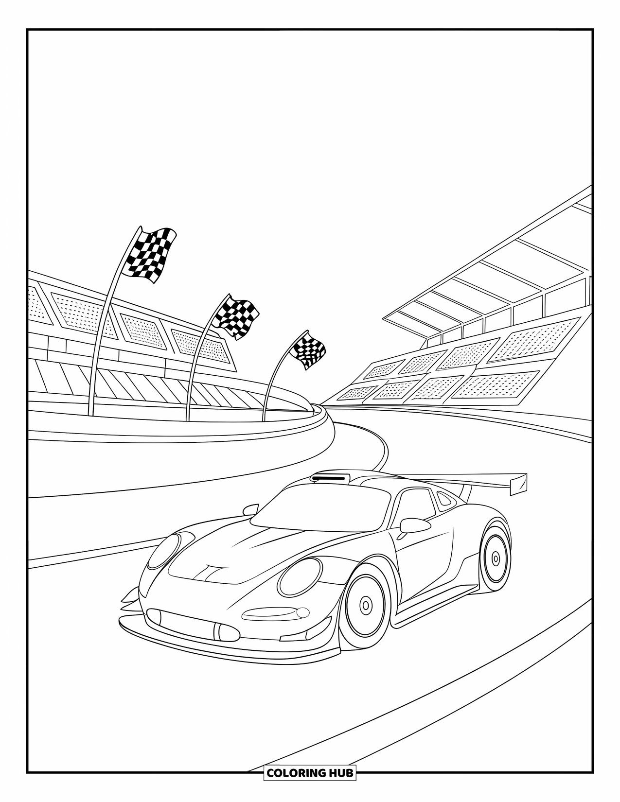 Car Coloring Page for Kids: A fast car zips through a curvy track with flags and crowded stands