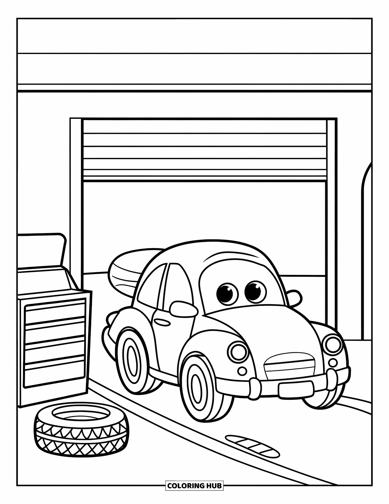 Car Coloring Page for Kids: A friendly car drives into an open garage with a spare tire and tools nearby