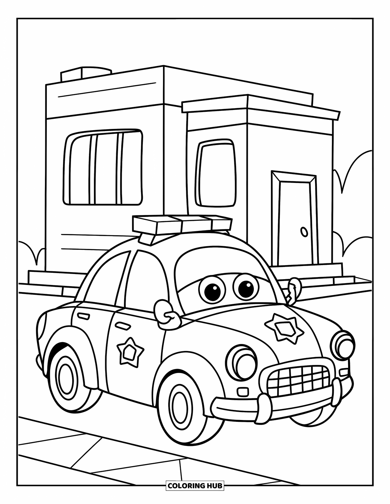 Car Coloring Page for Kids: A friendly police car is parked near a simple building with big windows