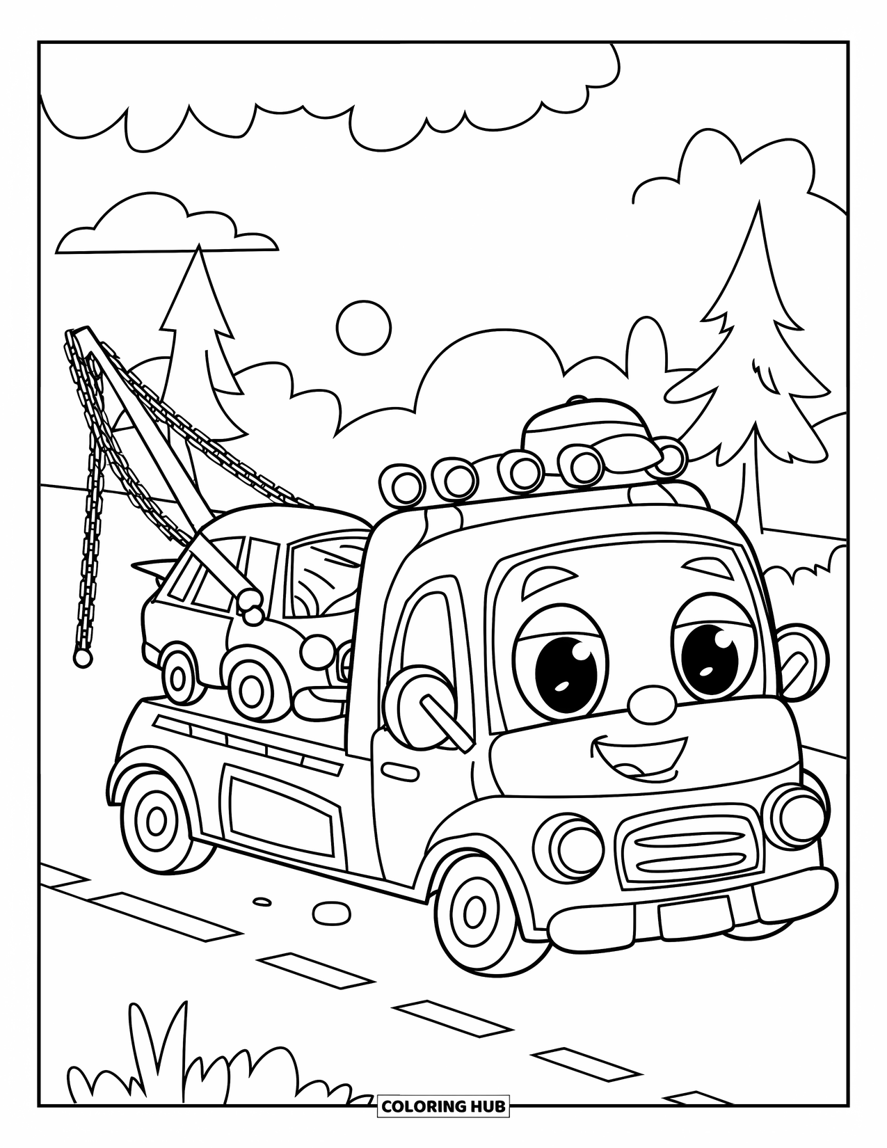 Car Coloring Page for Kids: A friendly tow truck with a hat tows a flat-tired car along a quiet, tree-lined road