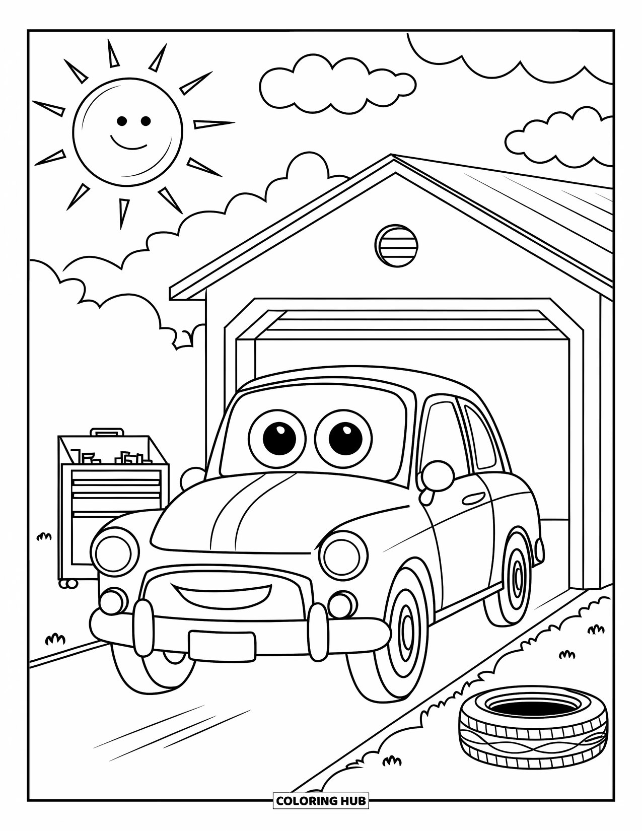 Car Coloring Page for Kids: A happy-faced car rolls into a garage under a bright sky with fluffy clouds