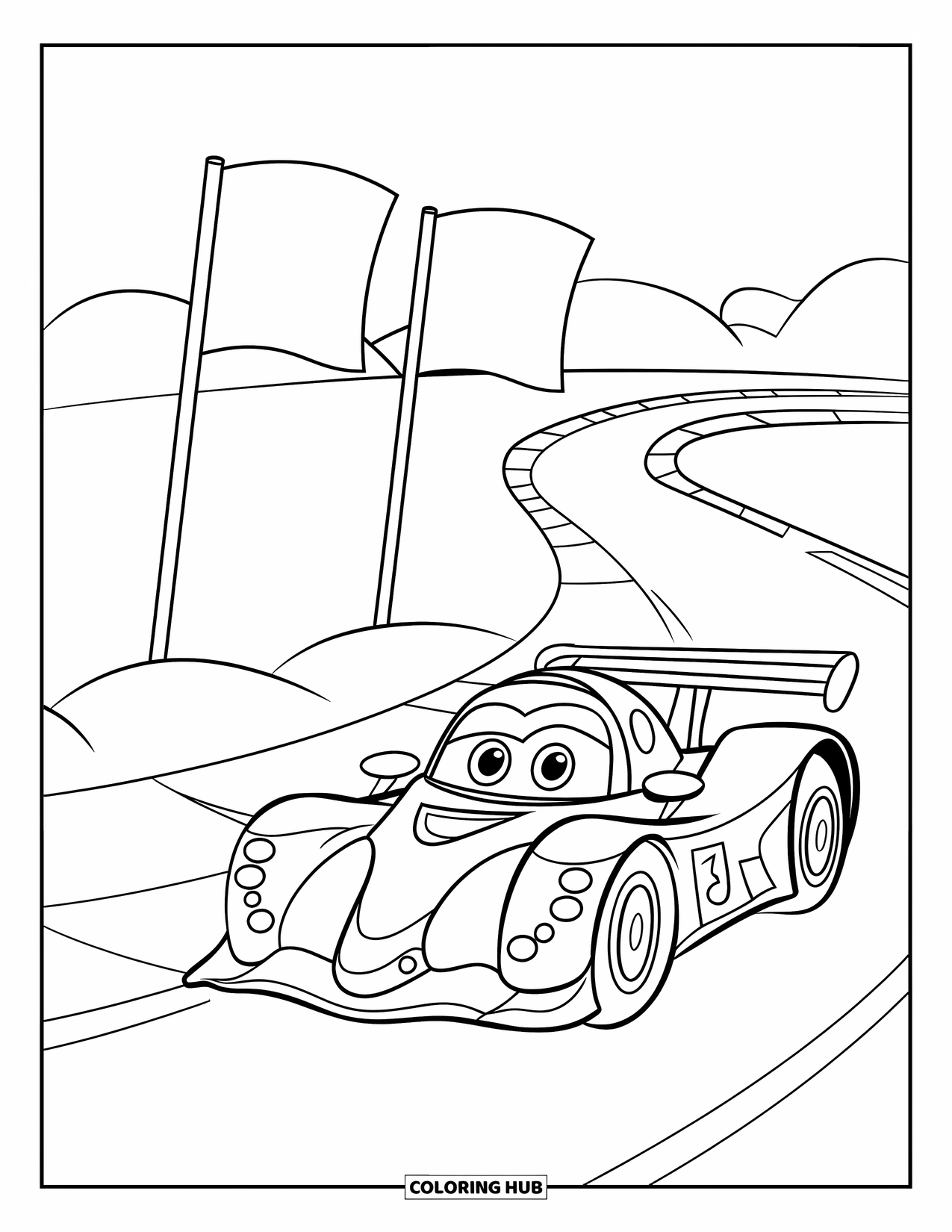Car Coloring Page for Kids: A happy race car speeds along a curvy track with flags at the start and finish