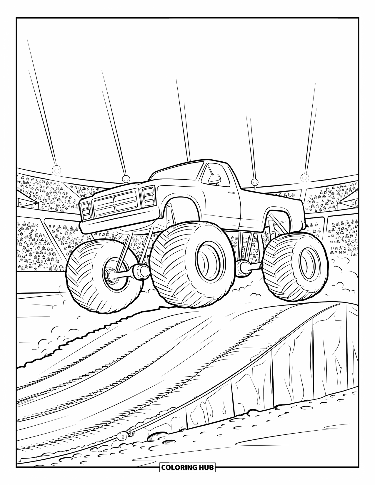 Car Coloring Page for Kids: A huge monster truck jumps a steep dirt ramp under stadium lights and cheering fans