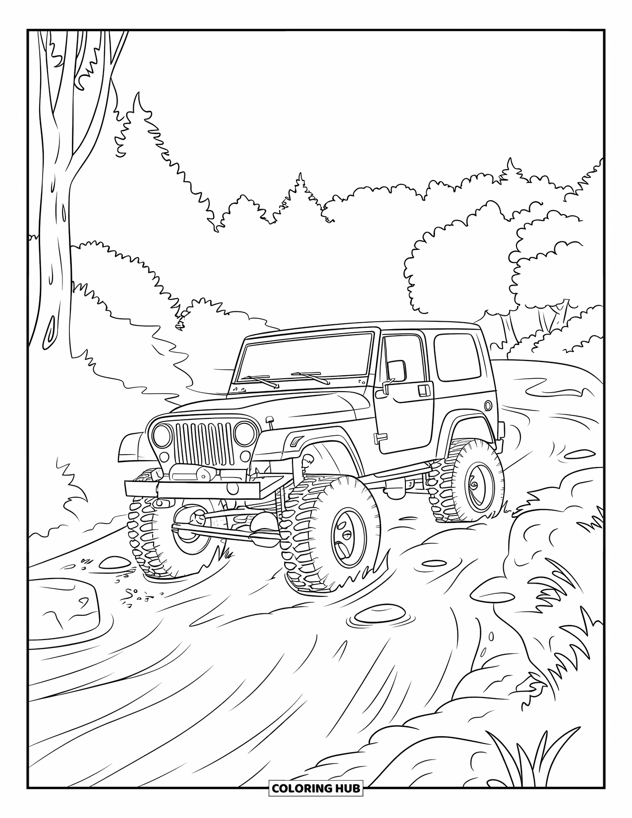 Car Coloring Page for Kids: A jeep with big tires crosses a river lined with rocks and forest trees