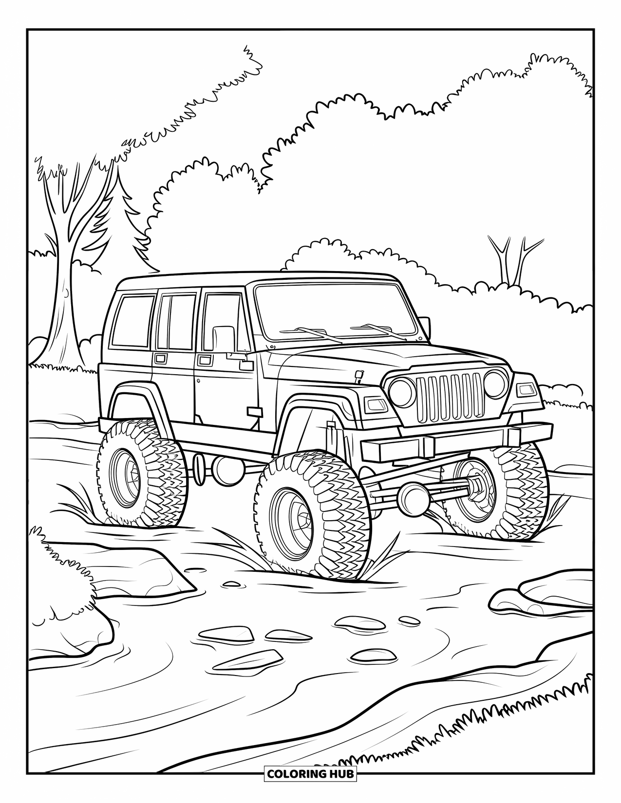 Car Coloring Page for Kids: A lifted jeep drives over river rocks with trees and forest all around